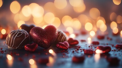 Poster - Dreamy Valentine's Day scene with glowing festive lights heartshaped chocolates and sparkling love symbols set against a shiny backdrop creating a romantic vibrant atmosphere