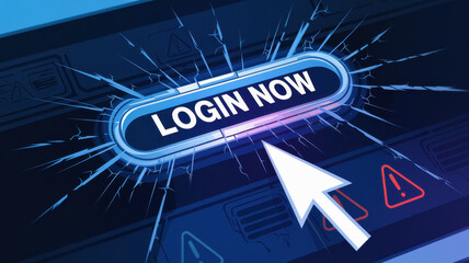 Login now button with broken effect, emphasizing urgency and caution