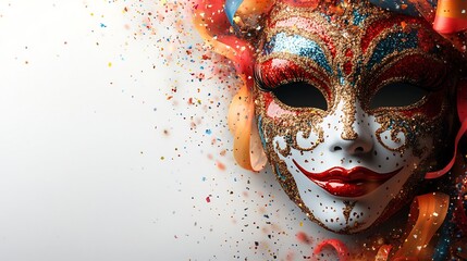 Poster - Festive carnival mask with intricate multicolored patterns surrounded by a flurry of colorful streamers glitter and space on the lower half of the banner for text set against a clean white background