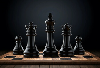 3D Render of Black Glass Chess King and Pawn on Wooden Board – Modern, Dramatic, Abstract Design