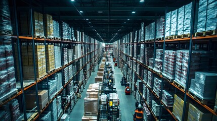 Poster - Aerial view of a modern warehouse filled with shelves of goods and items, showcasing efficient inventory management.