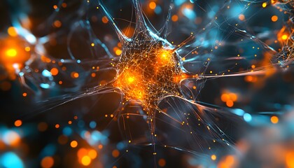 Poster - Close-up of a vibrant neuron, showcasing intricate connections and glowing highlights, illustrating the beauty of neural networks.