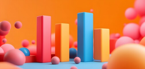 Poster - Colorful 3D bar graph on an orange background, ideal for business, finance, and data visualization concepts.