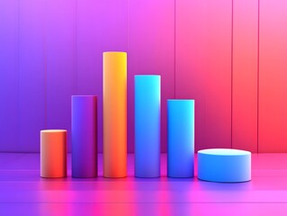 Poster - Colorful 3D bars represent data visualization on a vibrant gradient background, illustrating growth and trends in a modern design.