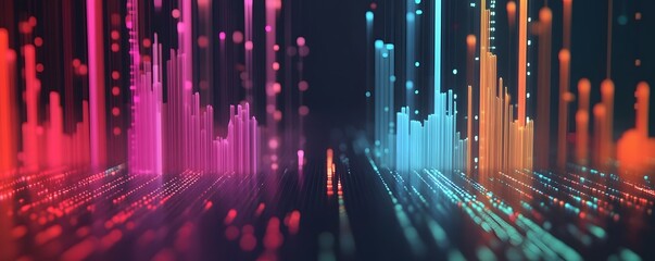 Poster - Colorful abstract visual representing sound waves and digital data in a vibrant, energetic environment.