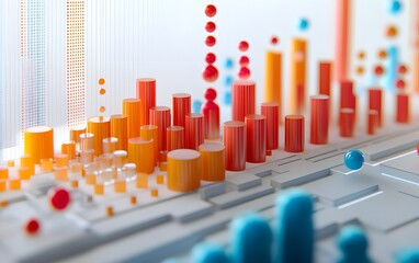 Poster - Colorful data visualization with bar graphs and dots representing statistics and trends in a modern digital design.