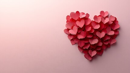 Poster - Flat lay composition with red hearts in a paper cut style arranged on a soft pink background creating a cute and romantic atmosphere for a Valentine's Day greeting card concept