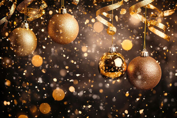 Poster - Christmas balls and gold glitters on a black background, creating a festive and elegant holiday atmosphere.