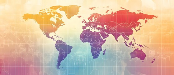 Poster - Colorful world map illustration showcasing continents and oceans with a modern gradient design ideal for educational use.