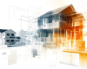 Poster - Futuristic architectural concept showcasing a transparent house in a digital environment with vibrant colors and geometric shapes.