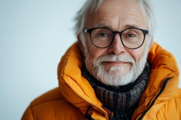 Man with glasses and a gray beard is wearing an orange jacket and smiling. He looks happy and content. Portrait of a smiling senior man in orange jacket and glasses on white background