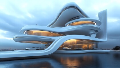 Poster - Futuristic architecture featuring a unique organic design with smooth lines and luminous interiors by the water under a dramatic sky.