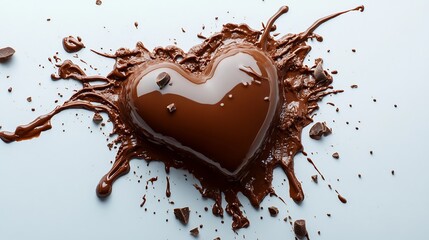 Poster - Flat lay of a heartshaped liquid chocolate splash dripping elegantly on a pristine white background perfect for Valentines Day Rich chocolate tones against the clean backdrop