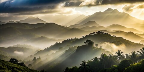 Foggy mountain layers in Puerto Rico create a tranquil atmosphere, where a serene rainy day envelops the landscape in soft hues and peaceful vibes.