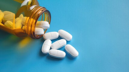 Transparent orange pill bottle tipped over, releasing white tablets on a striking blue background with room for text. Ideal for healthcare and pharmaceutical content, focusing on contrast