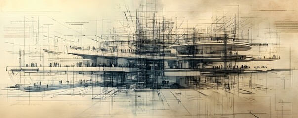 Poster - Intricate architectural sketch showcasing a futuristic building design with layered structures and dynamic lines.