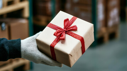 A hand holds a beautifully wrapped gift box with a red ribbon, surrounded by a warehouse filled with packages.