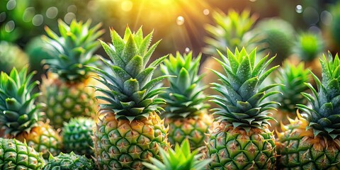 A Vibrant Collection of Ripe Pineapples Bathed in Warm Sunlight, Their Spiky Crowns and Green Leaves Reflecting a Tropical Paradise