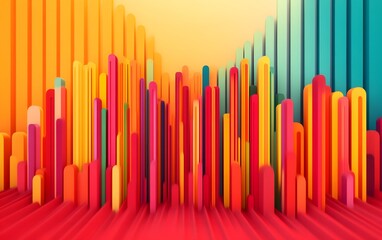 Poster - Vibrant abstract landscape featuring colorful vertical shapes and a warm gradient background, perfect for creative projects.