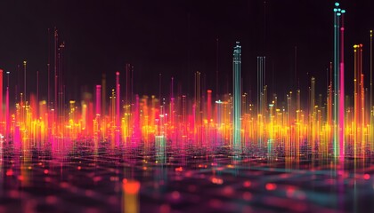 Poster - Vibrant digital landscape with striking colorful light peaks, symbolizing data visualization and modern technology trends.