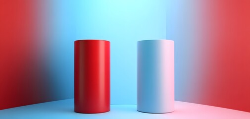 Poster - Vibrant red and blue cylindrical objects in contrasting backgrounds create a modern and striking visual effect.