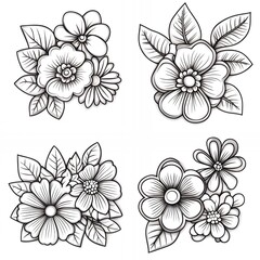 Sticker - Black and white line art floral bouquets.