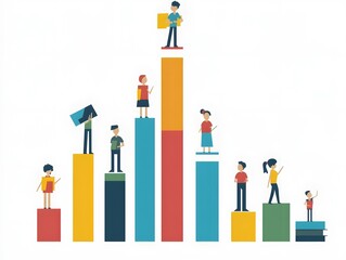 Poster - A colorful illustration depicting diverse characters standing on bar graphs, representing growth, teamwork, and data analysis.