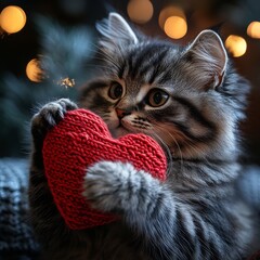 Poster - Gray and black fluffy cat gently pawing at a vibrant red knitted heart The scene is presented on a Valentines Day postcard with playful and romantic details in the background
