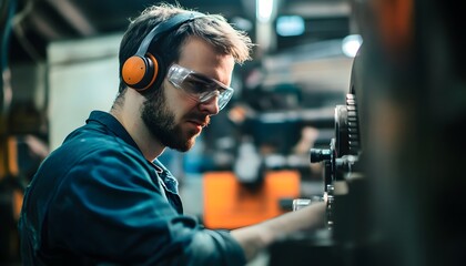 Poster - A focused worker operating a machine in a workshop with safety gear, showcasing craftsmanship and precision in manufacturing.