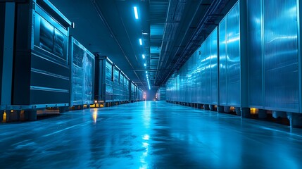 Poster - A futuristic corridor with blue lighting and reflective surfaces, creating a sleek and modern atmosphere.