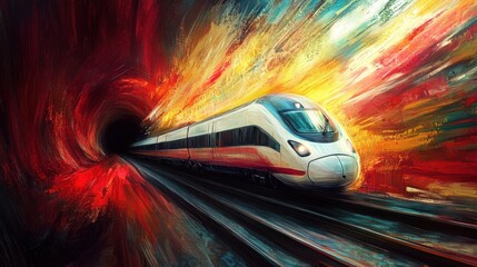 An artistic rendering of a train exiting a tunnel, with exaggerated colors, dynamic lines, and a surreal blend of realism and abstraction