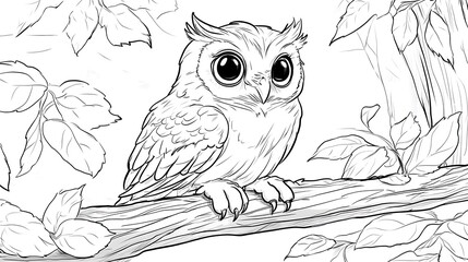 a cute owl with big round eyes sitting on a low branch, surrounded by minimal leaves and simple tree