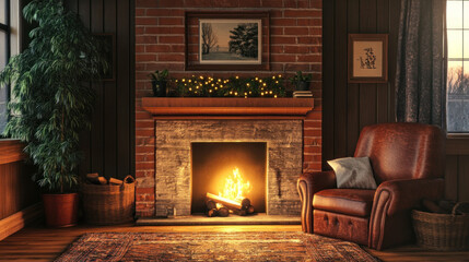 Canvas Print - A crackling fireplace with a Christmas tree in the corner, casting a warm glow over a cozy living room adorned with twinkling lights and festive decorations.