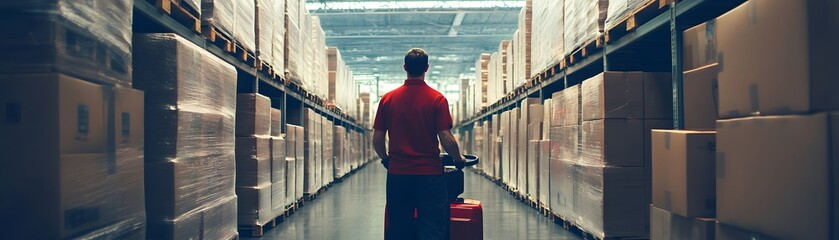 Poster - A warehouse worker navigating through rows of boxes, preparing for shipments and organizing inventory in a busy distribution center.