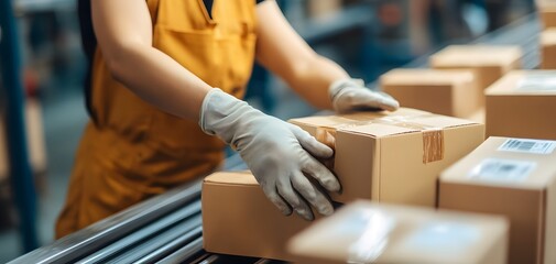 Poster - A worker handles packages on a conveyor belt in a busy warehouse, showcasing logistics and efficient delivery processes.
