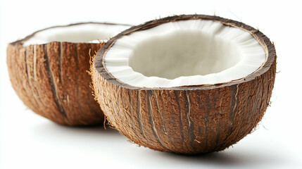 Two halves of a fresh coconut showing the rough brown shell and smooth white flesh inside. Perfect for natural food, tropical dishes, or healthy snacks.