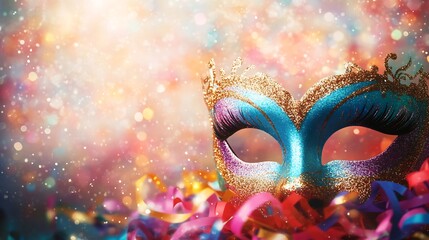 Poster - Luxurious carnival mask in rainbow hues framed by celebratory streamers and delicate glitter with an open banner space on the top half for text to create a festive feel