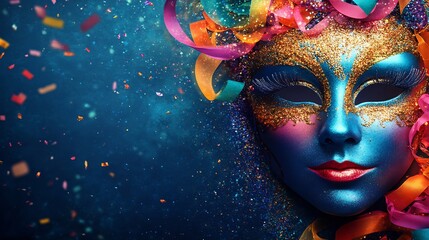 Fototapete - Luxurious carnival mask in rainbow hues framed by celebratory streamers and delicate glitter with an open banner space on the top half for text to create a festive feel