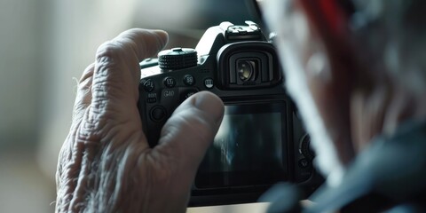 Close-up of a photographer using a viewfinder on a camera.