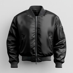 Black leather bomber jacket with zipper and pockets, hanging on a metal coat rack against a white brick wall.