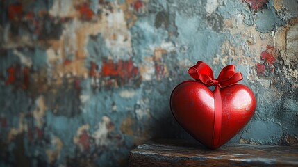 Poster - Minimalistic Valentines Day design featuring a sleek heartshaped gift tied with a red ribbon set against a dreamy wallpaper with subtle textures radiating elegance and warmth