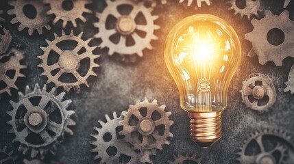 Poster - Illuminated Light Bulb Surrounded by Metallic Gears