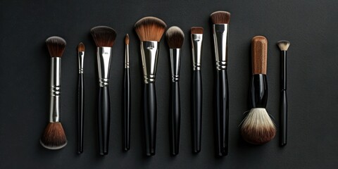 Different makeup brushes and tools on a black background.