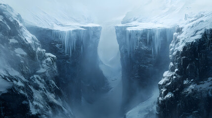 A mountain range with a deep crevasse in the middle
