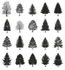 Wall Mural - Silhouettes of various trees on a white background.