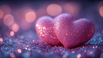 Fototapete - pair of pink lace hearts gently placed on a sparkling purple glitter background with vibrant glitter