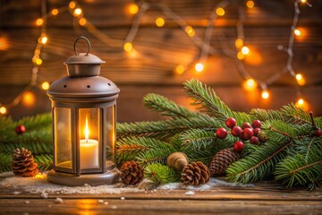 Canvas Print - cozy christmas lantern with candle pine and fairy lights