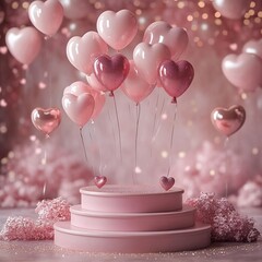 Poster - Pink podium set against a Valentinethemed background with elegant decorations like heartshaped balloons and glitter Perfect for showcasing festive elements