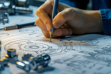 Close-up of a mechanical engineer's hand drafting a complex gear system technical drawings in the background