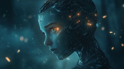 Aufkleber - Futuristic cyborg girl with metallic features and glowing cables against a dark tech backdrop.